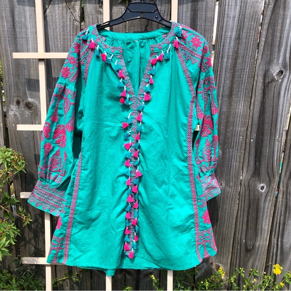 🛍️ Bohemian Green Lantern Sleeve Embroidered Tassels Tunic Dress M - Picture 2 of 10